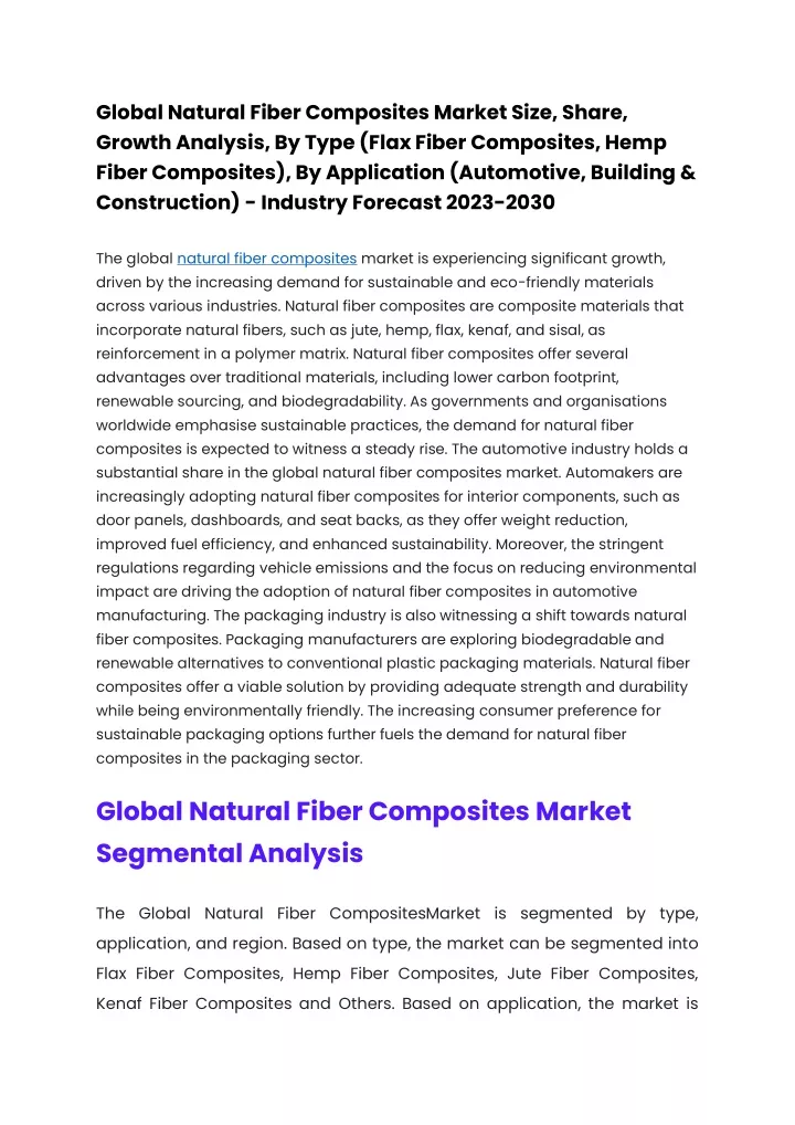 Natural Fiber Composites Market: A Global Forecast To 2029 Natural Fiber Composites Market: A Global Forecast To 2029