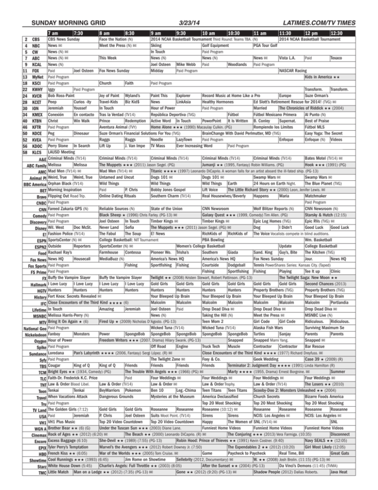 Sunday March 16th TV Listings Sunday March 16th TV Listings